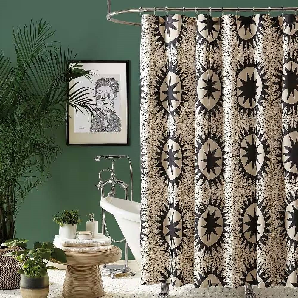 Shower Curtain 72x72 Cotton Poly Cream Brown Sun Star Medallion Pattern For Modern Bath Decor Gothic Arcane Charm
