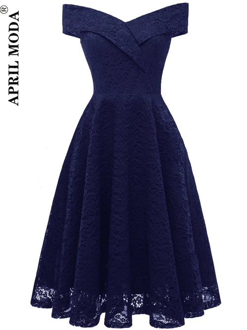 Women Vintage Lace Dress Formal Red Black Green Slash Neck Tulle Midi