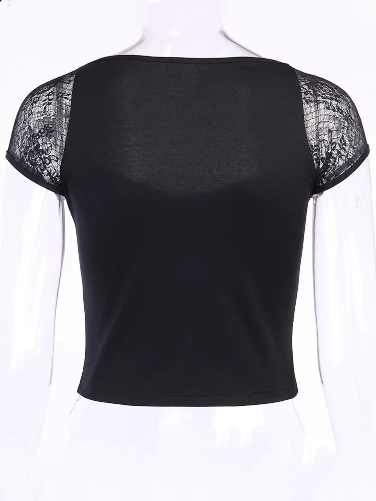 Women's Vintage Gothic T-shirt Bodycon Bandage Lace Black Mesh Top