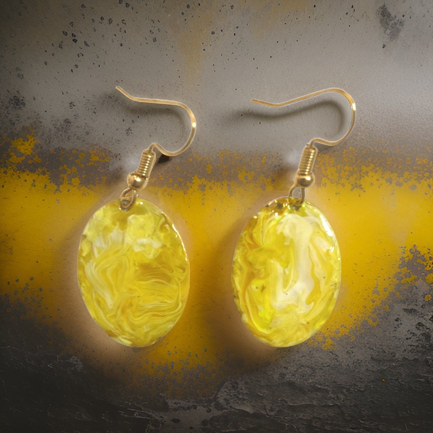 Yellow Hand Painted Marbleized Mini Oval Earrings