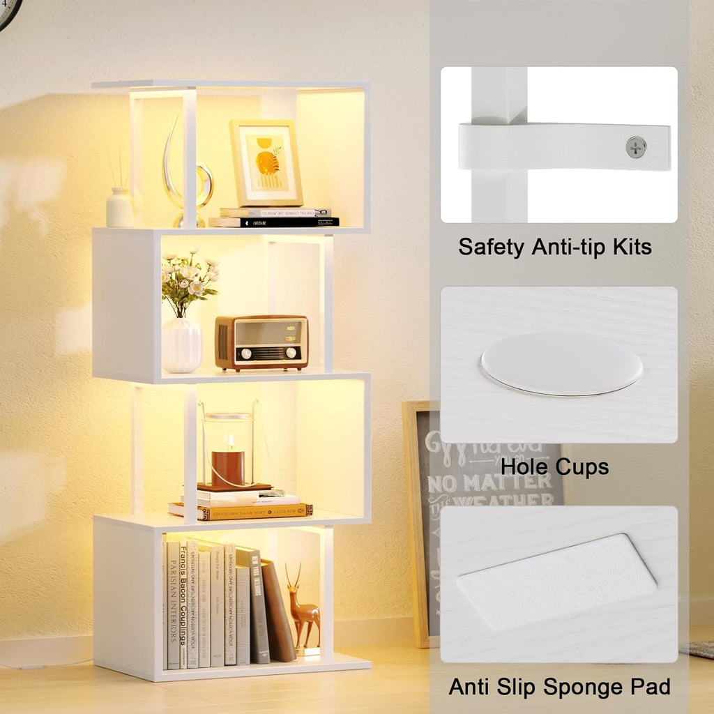 White Geometric Bookshelf with LED Light, 5 Tier S-Shaped Small
