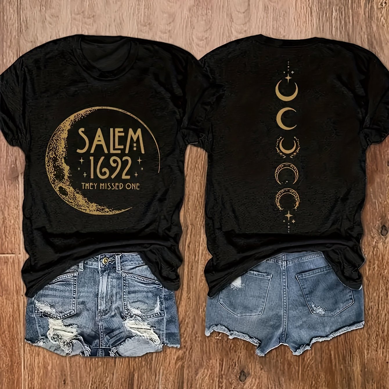 Women's Casual Short Sleeve T-Shirt - Black Celestial Moon & Phases Print with Salem 1692 Witch Trial Graphic, Semi-Sheer Round Neck Top, Machine Washable Regular Fit H-Line Tee for All Seasons, Everyday Outfit, Vintage Aesth