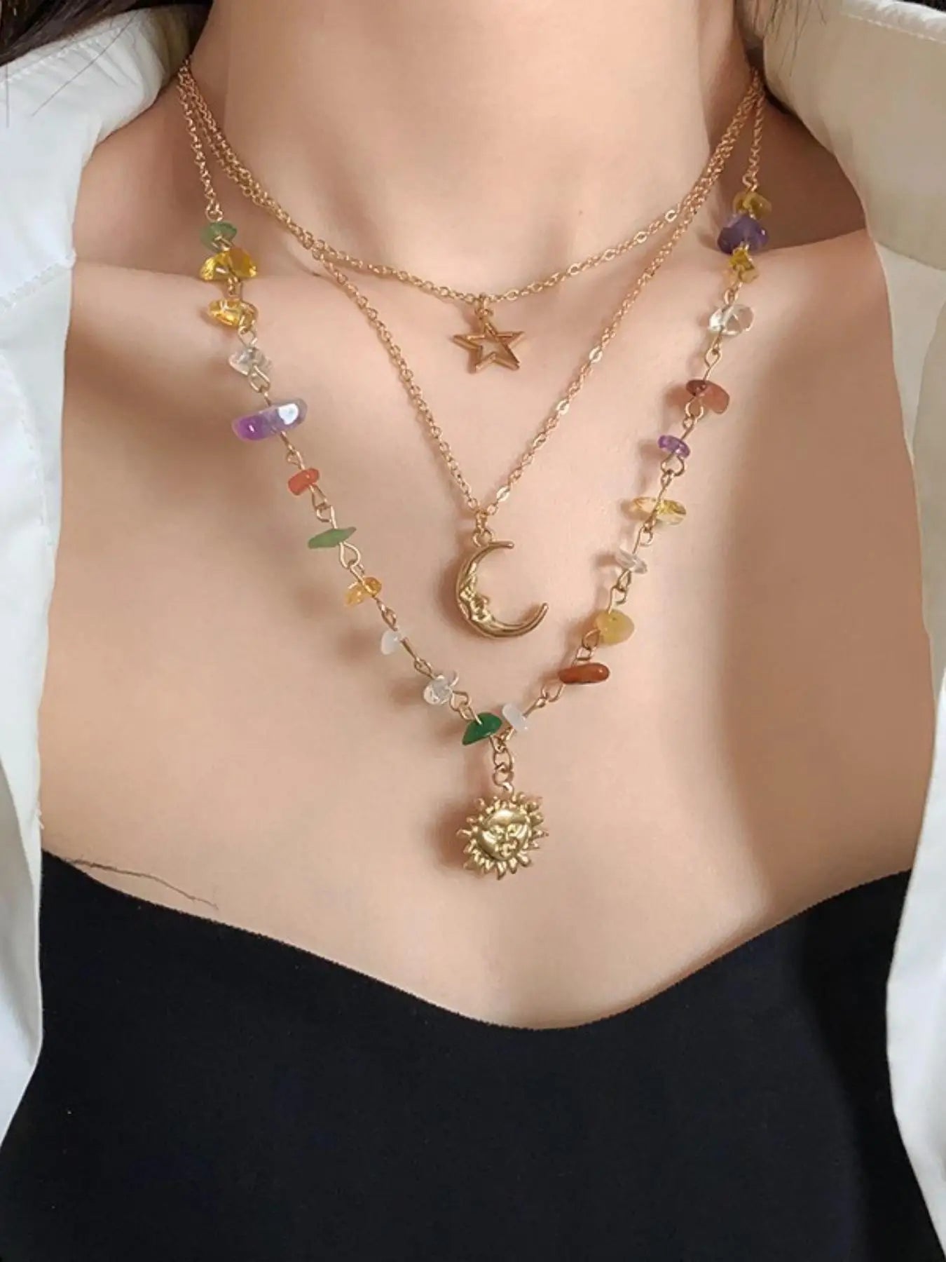 3-piece sun moon zircon layered necklace set Party, Dates, Daily ClothingDecor, Trendy All-match & Exquisite Jewelry for Gift