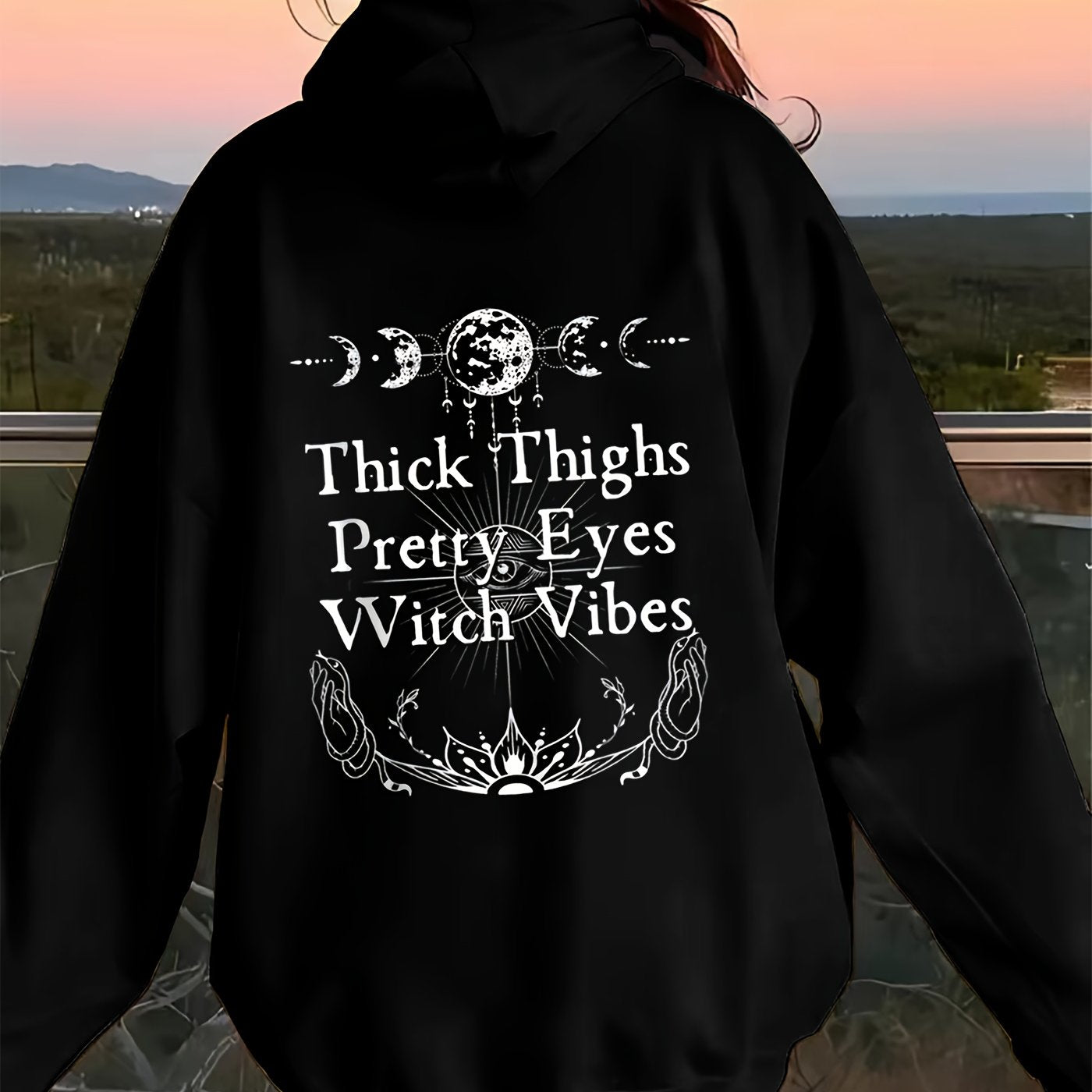 Women's Witchy Moon Phases & "Thick Thighs Pretty Eyes Witch Vibe" Graphic Hooded Sweatshirt - Gothic Lettering, Crescent Moon Print, Casual Pullover for Witchy Aesthetic, All-Season Comfort (Machine Washable), Everyday Outfi