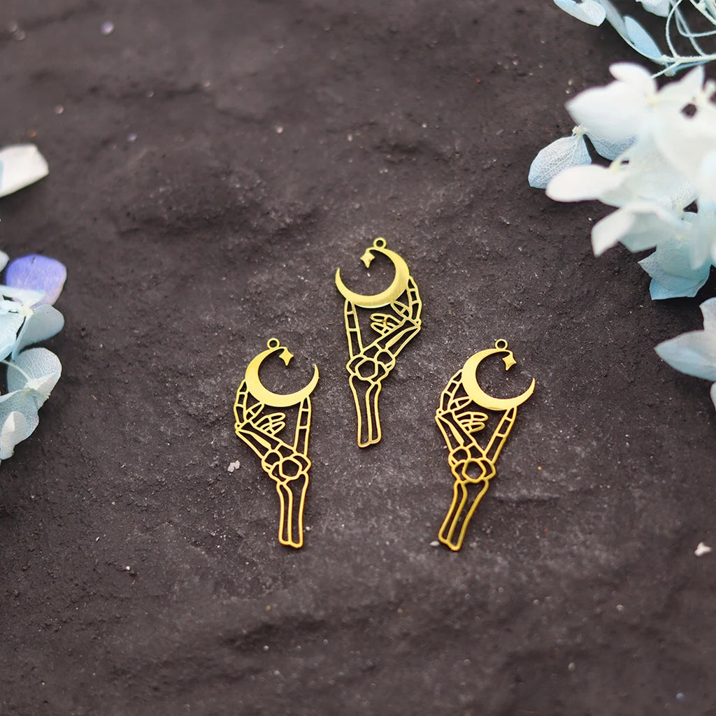 3Pcs Stainless Steel Gothic - style Skeleton Hand Holding Crescent Moon DIY Jewelry Charms Set for Bracelet, Necklace Crafting