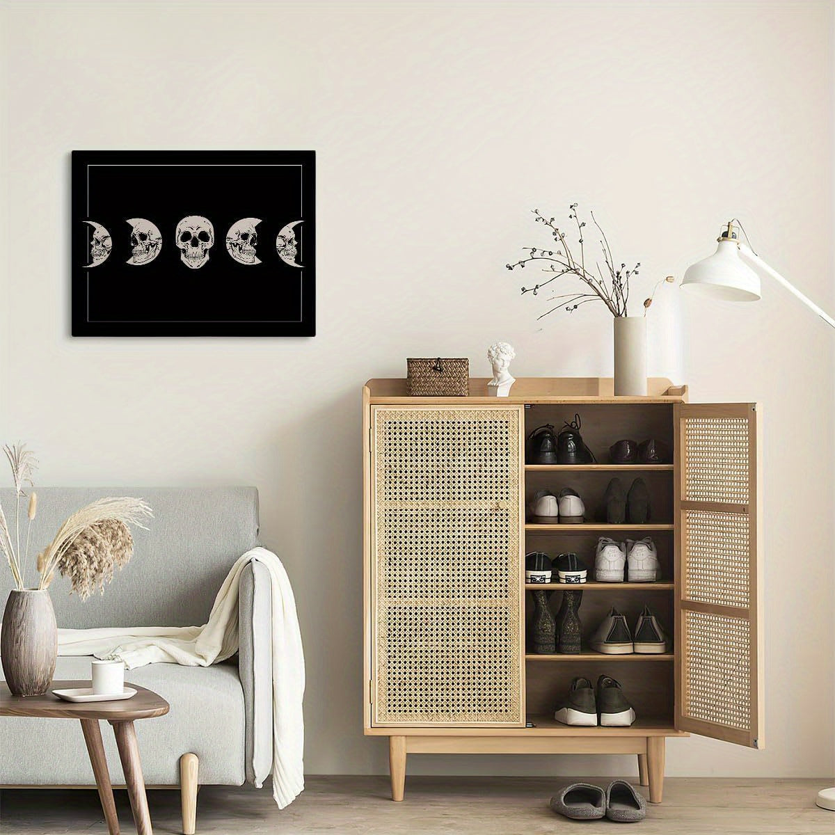 Halloween Wall Art Decor, Skull Moon Phases Wall Decor, Halloween Decor, Skeleton Wall Art Canvas, Gothic Decor, Witchy Decor Aesthetic, 12 x 16Inch, Framed