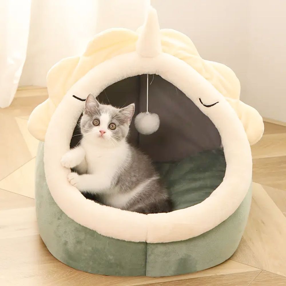 Enchanted Dinosaur Pet House With Cozy Soft Padded Bed And Dangling Toy Ball For Cats And Dogs