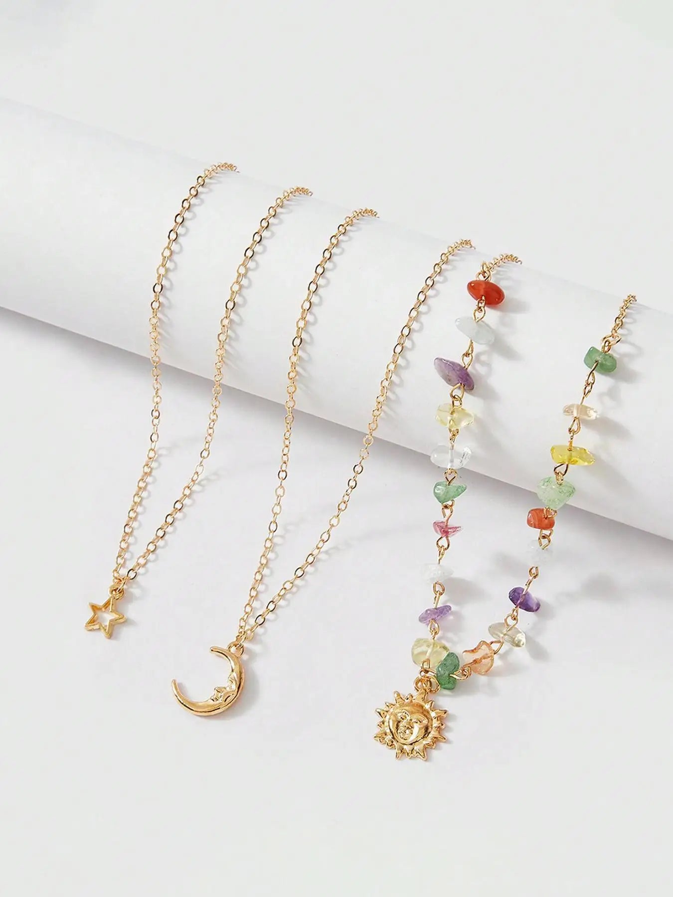 3-piece sun moon zircon layered necklace set Party, Dates, Daily ClothingDecor, Trendy All-match & Exquisite Jewelry for Gift