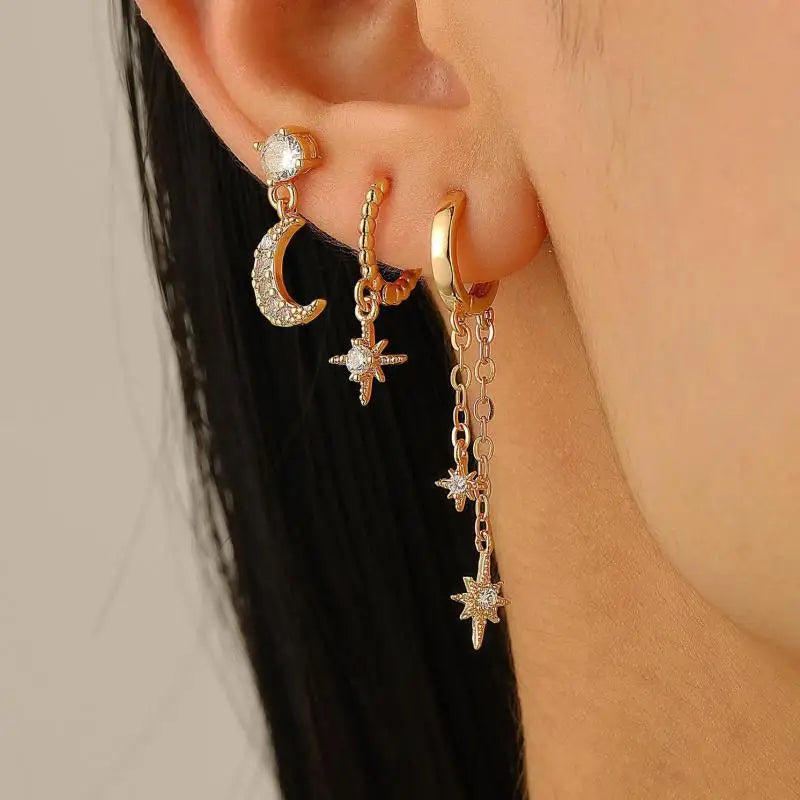 European And American Star Moon Asymmetric Earrings Three-piece Set Ins Fashion Zircon Hoop Earrings Fashion Elegant Jewelry