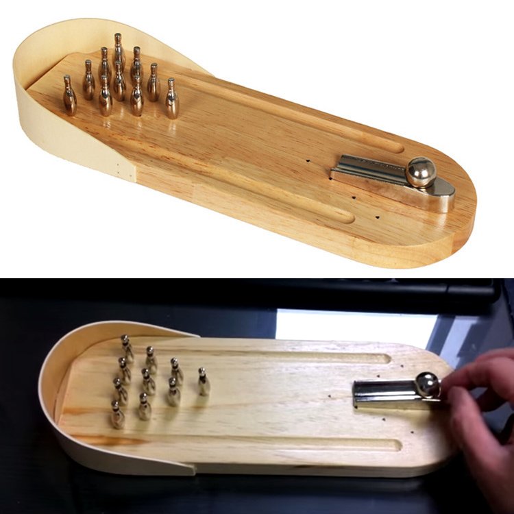 Desktop Wooden Bowling Alley With Movable Ramp For Desk Play Gothic Themed Miniature Game