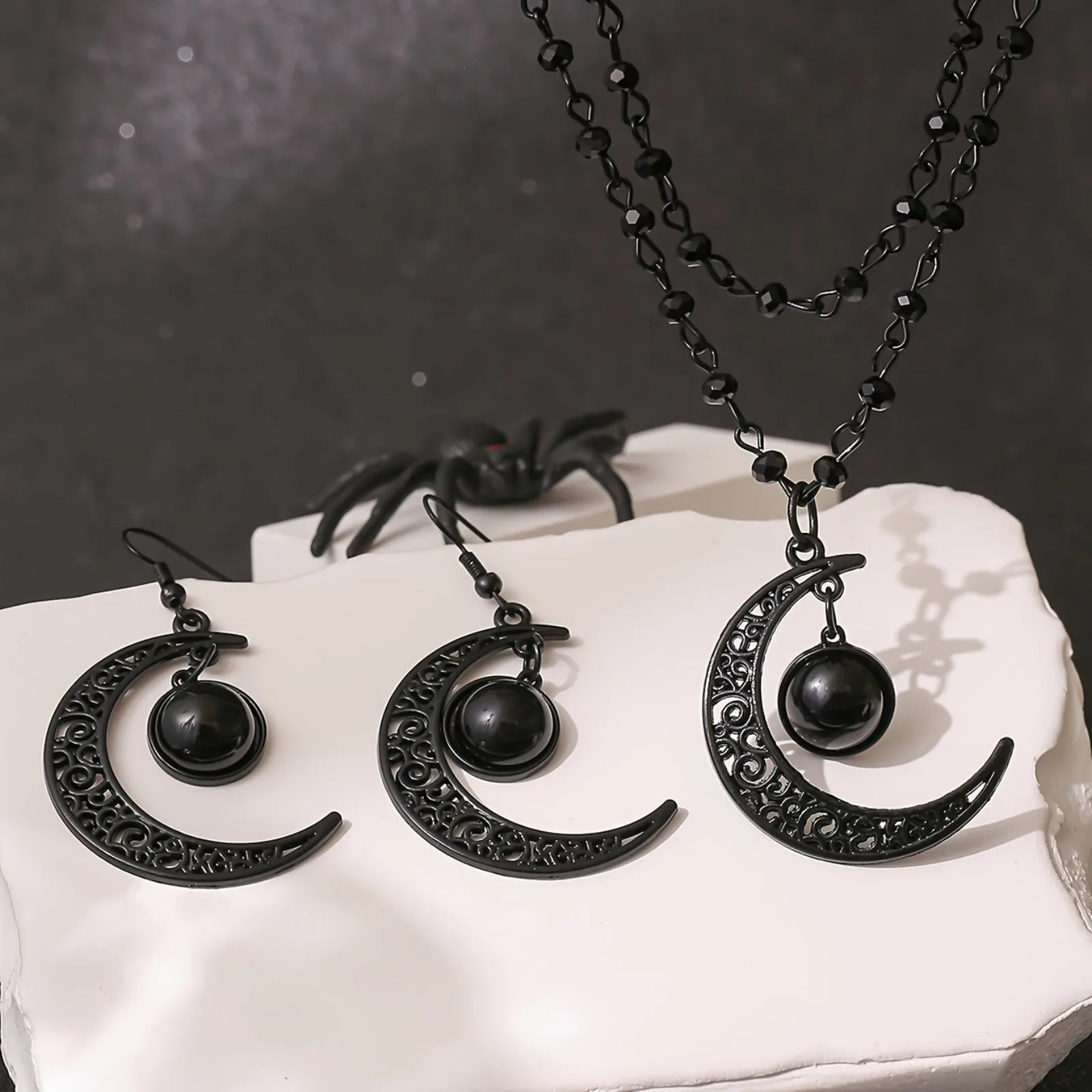 Gothic Punk 4Pcs Necklace Earrings Set Black Hollow Moon Pendant Beaded Design Unique Layered Necklace Perfect for Halloween