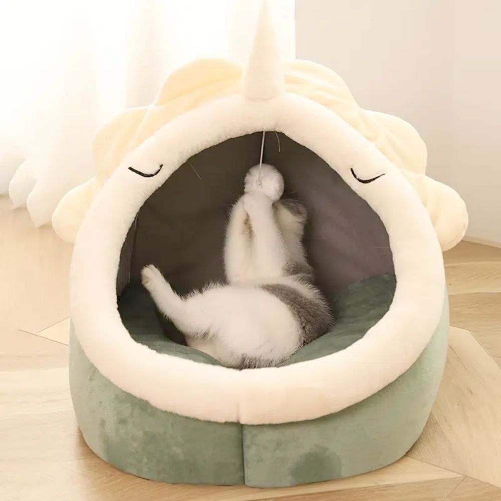 Enchanted Dinosaur Pet House With Cozy Soft Padded Bed And Dangling Toy Ball For Cats And Dogs
