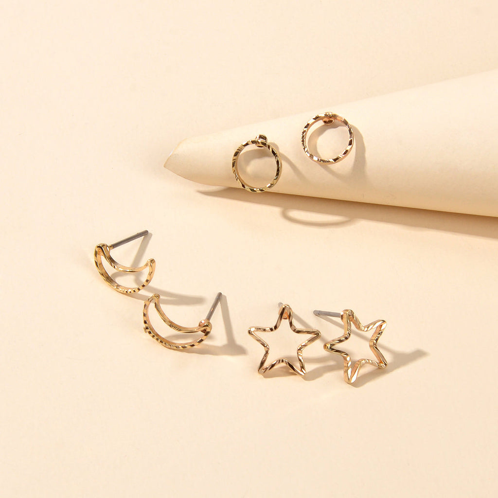 3 pairs Minimalist Jewelry Circle Star Moon Trendy Stud Small Earrings