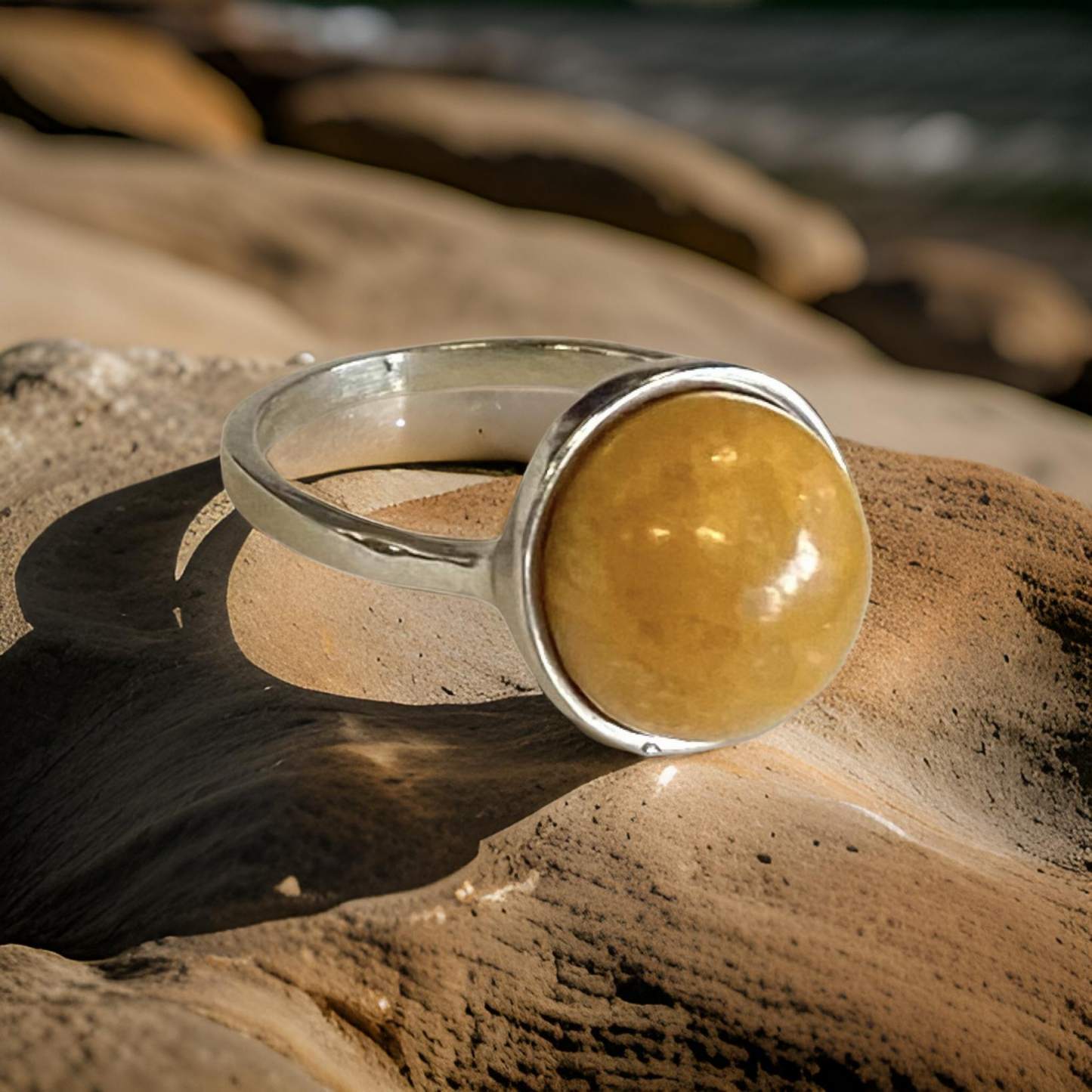 Yellow Jasper Round Gemstone Ring - Silver
