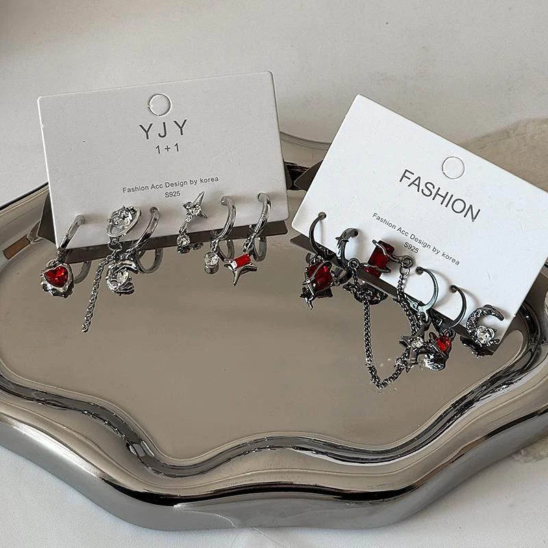 6PS Goth Trendy Red Crystal Star Moon Cross Tassel Pendant Earring Set For Women Men Vintage Punk Y2K Grunge Jewelry Accessories