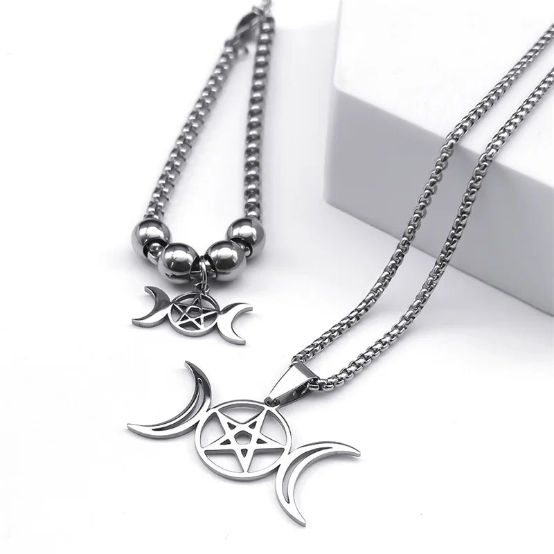 Stainless Steel Jewelry Set Triple Moon Goddess Pentagram Pentacle Necklace Women Men Ring Bracelet Earrings conjuntos de joyas