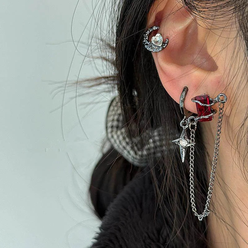 6PS Goth Trendy Red Crystal Star Moon Cross Tassel Pendant Earring Set For Women Men Vintage Punk Y2K Grunge Jewelry Accessories