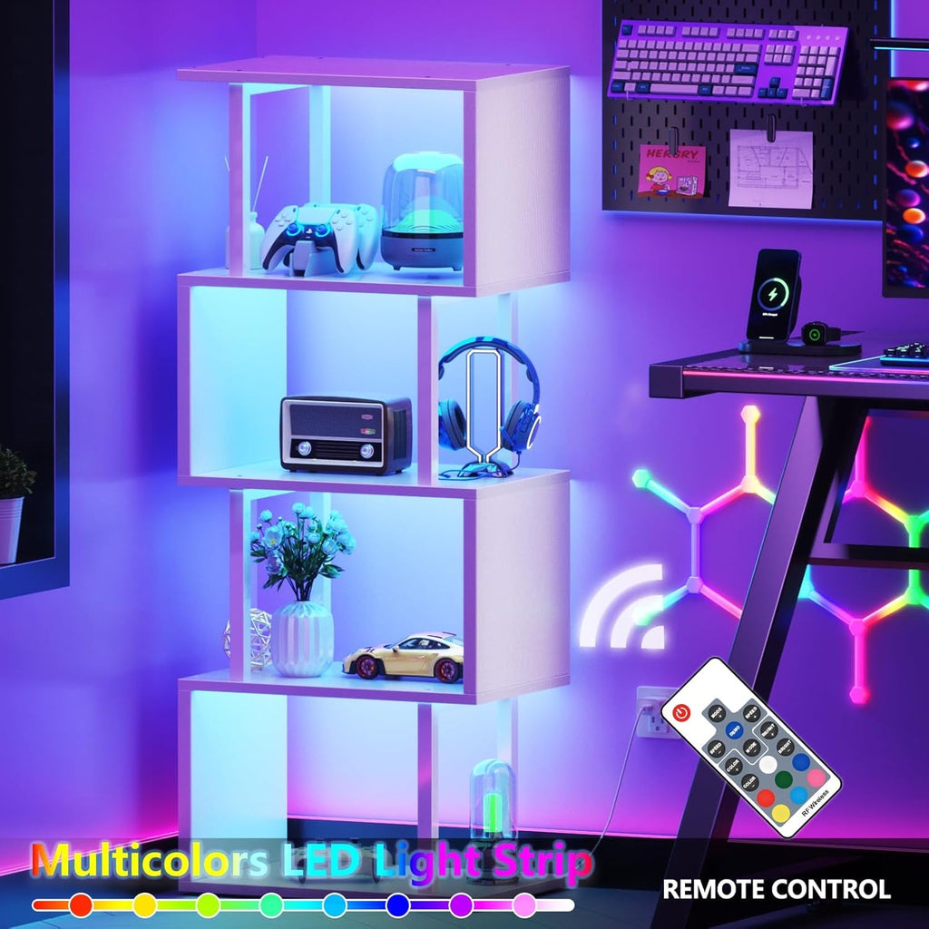 White Geometric Bookshelf with LED Light, 5 Tier S-Shaped Small