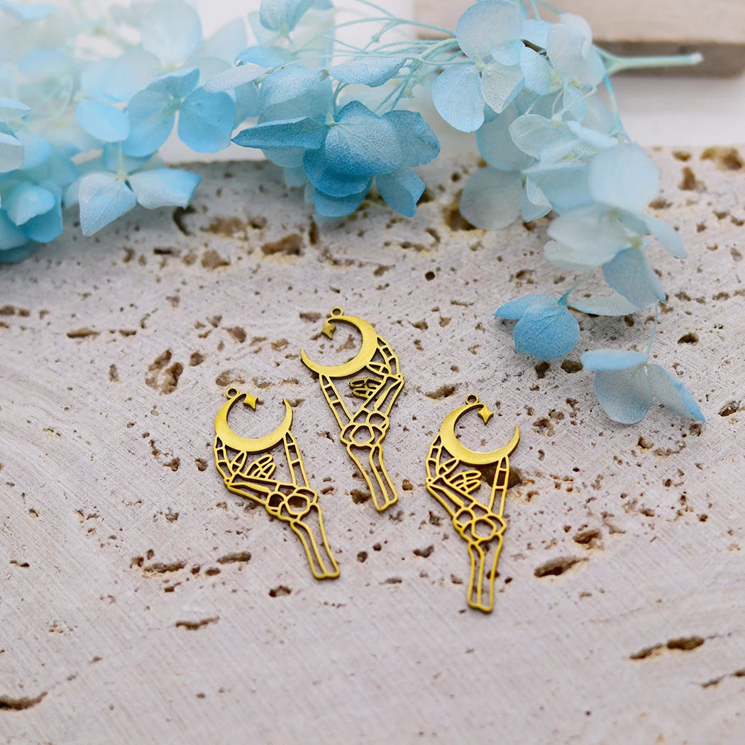 3Pcs Stainless Steel Gothic - style Skeleton Hand Holding Crescent Moon DIY Jewelry Charms Set for Bracelet, Necklace Crafting