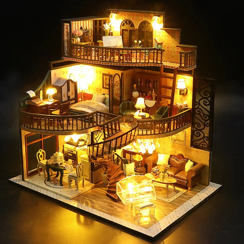 Wooden Doll House 3D Puzzle Assembly Building Model Kit Production Small Room Toys Home Bedroom Decoration With Furniture Light