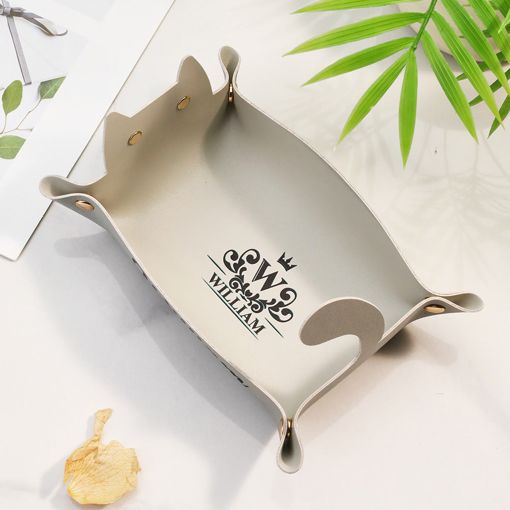 Custom Name Cat-Shaped Silver Gray PU Leather Storage Box Stationery & Makeup Organizer Birthday & Back-to-School Gift