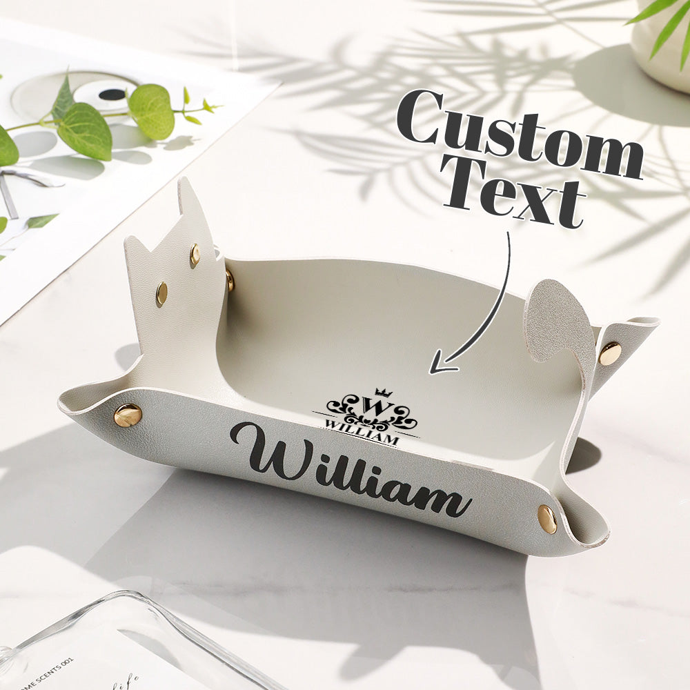 Custom Name Cat-Shaped Silver Gray PU Leather Storage Box Stationery & Makeup Organizer Birthday & Back-to-School Gift