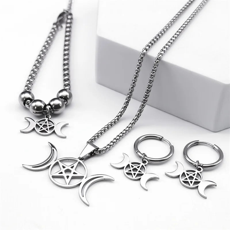 Stainless Steel Jewelry Set Triple Moon Goddess Pentagram Pentacle Necklace Women Men Ring Bracelet Earrings conjuntos de joyas