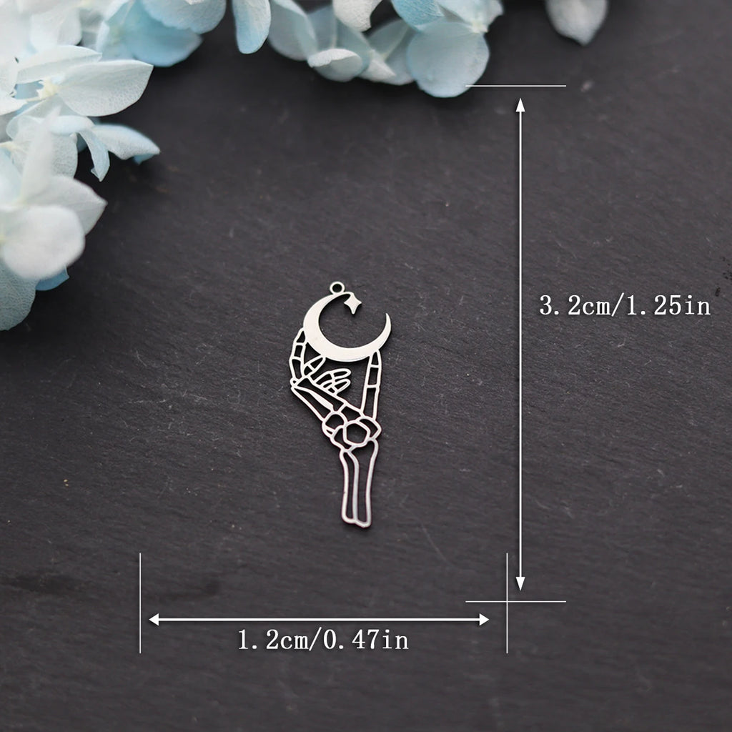 3Pcs Stainless Steel Gothic - style Skeleton Hand Holding Crescent Moon DIY Jewelry Charms Set for Bracelet, Necklace Crafting
