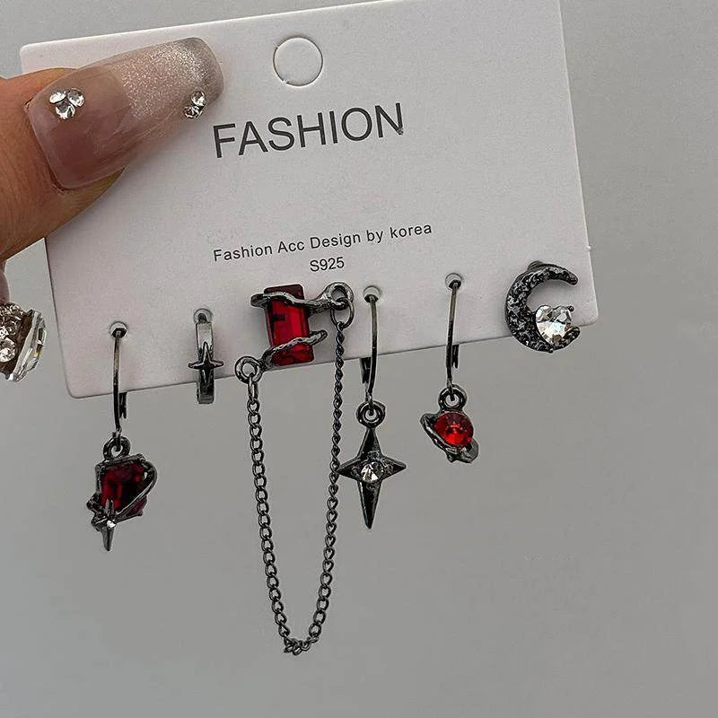 6PS Goth Trendy Red Crystal Star Moon Cross Tassel Pendant Earring Set For Women Men Vintage Punk Y2K Grunge Jewelry Accessories