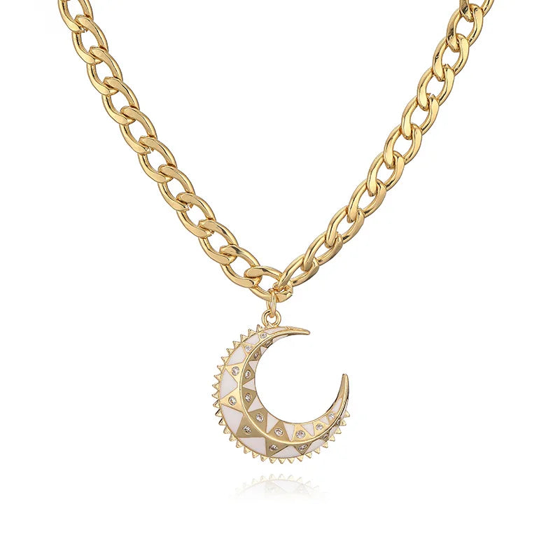 HECHENG,High Quality Punk Retro Hip Hop Cross Moon Pendant with Chunky Chain Unisex Metallic Pendant Necklace