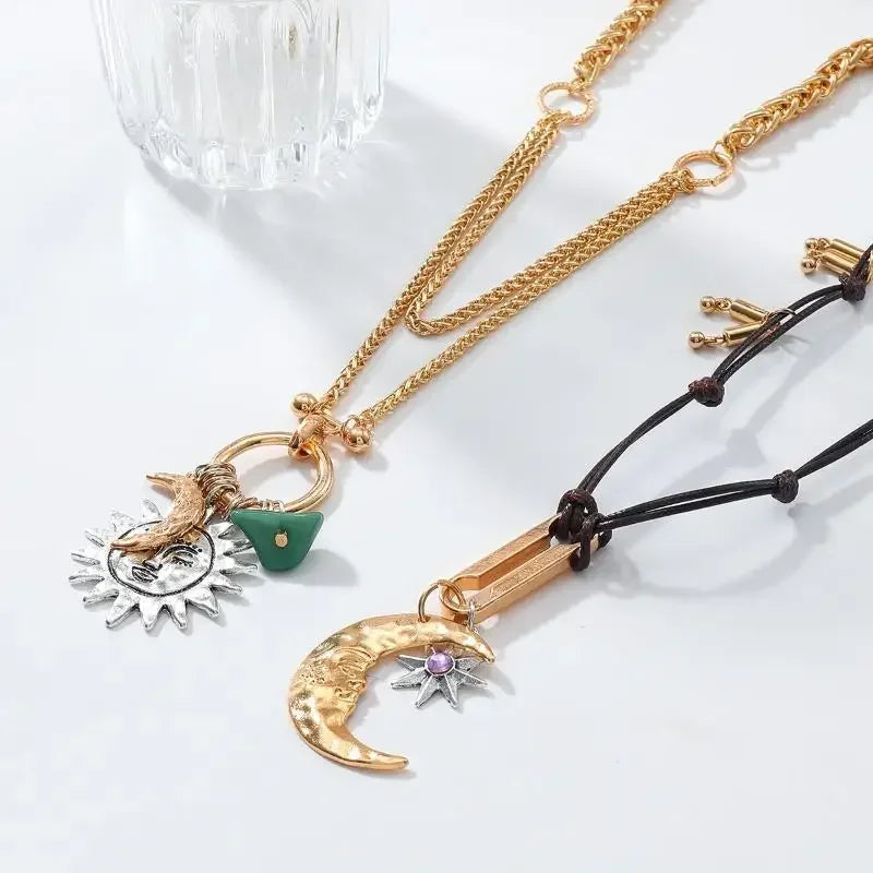 2Pcs/set Sun Moon Hand-woven Multi-layer Long Pendant Necklace For Women Vintage Statement Jewelry Holiday Party Accessories