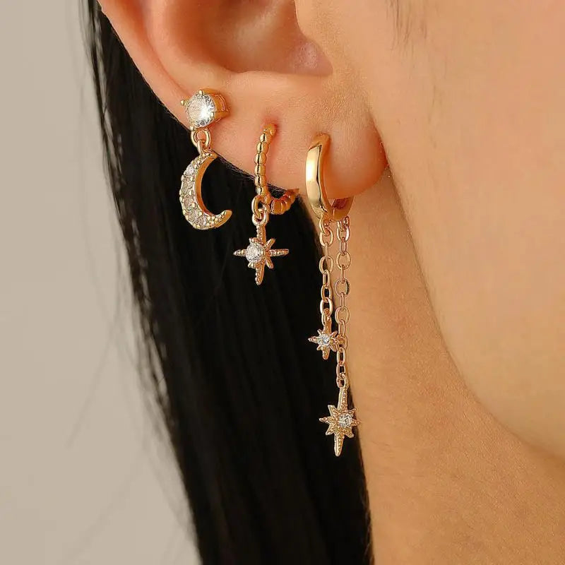 European And American Star Moon Asymmetric Earrings Three-piece Set Ins Fashion Zircon Hoop Earrings Fashion Elegant Jewelry
