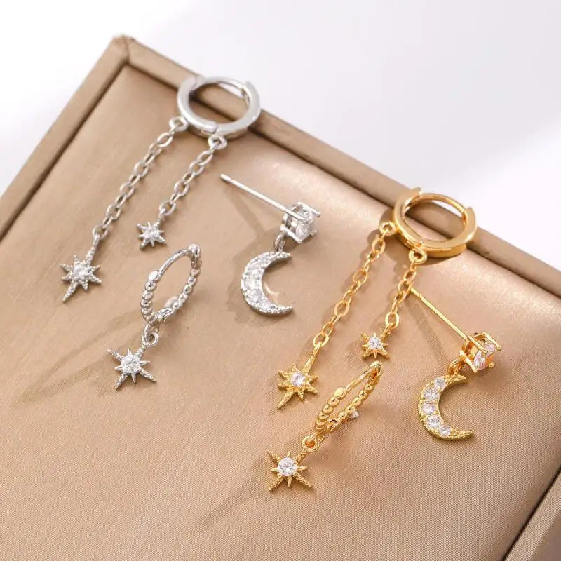 European And American Star Moon Asymmetric Earrings Three-piece Set Ins Fashion Zircon Hoop Earrings Fashion Elegant Jewelry