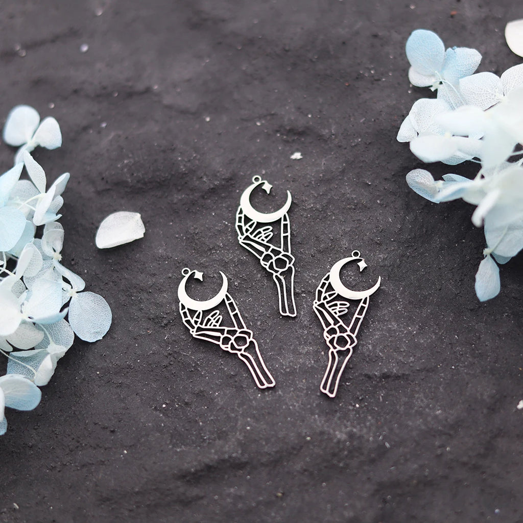 3Pcs Stainless Steel Gothic - style Skeleton Hand Holding Crescent Moon DIY Jewelry Charms Set for Bracelet, Necklace Crafting