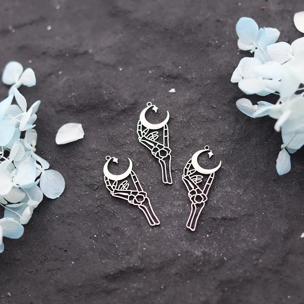 3Pcs Stainless Steel Gothic - style Skeleton Hand Holding Crescent Moon DIY Jewelry Charms Set for Bracelet, Necklace Crafting