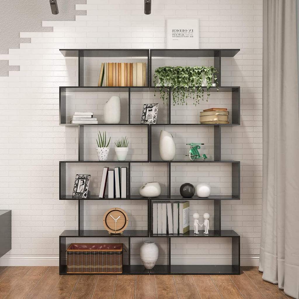 6-Tier Black S-Shaped Modern Geometric Bookshelf