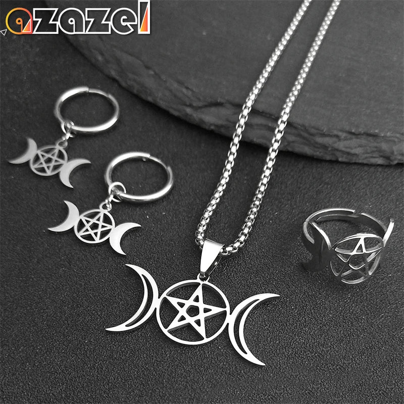 Stainless Steel Jewelry Set Triple Moon Goddess Pentagram Pentacle Necklace Women Men Ring Bracelet Earrings conjuntos de joyas