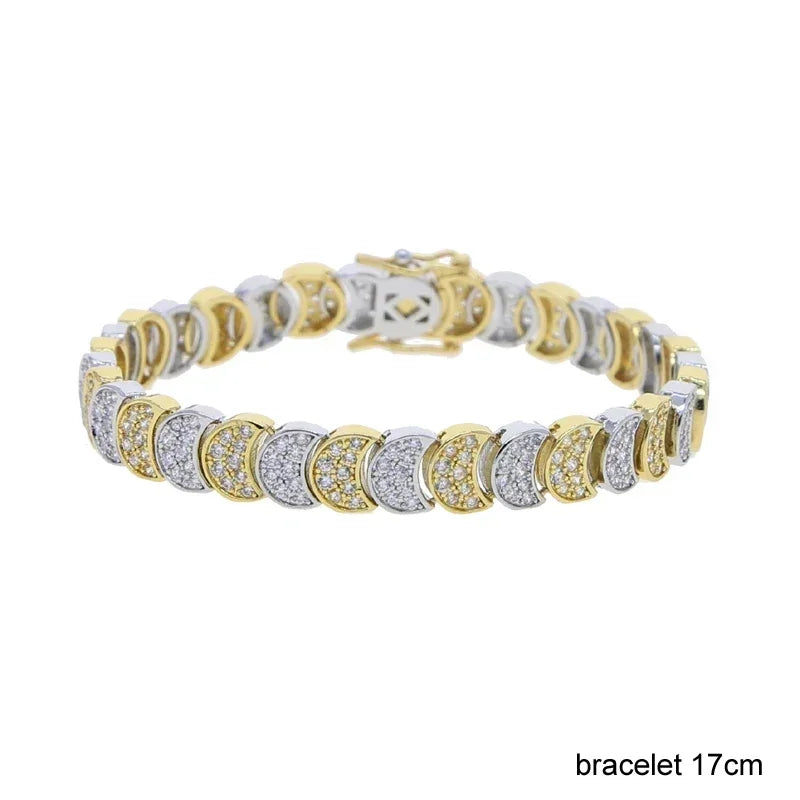 2025 New arrived Gold Color Delicate Bracelet Necklace Set Bling Bling Slippy Moon Link Moon Paved Mini Small CZ Party Jewelry