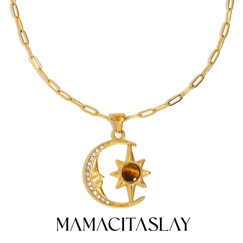 MamacitaSlay 18K Gold Plated Stainless Steel Star Moon Necklace Hoop Earrings Party Unique Waterproof Jewelry Women's Charm Gift