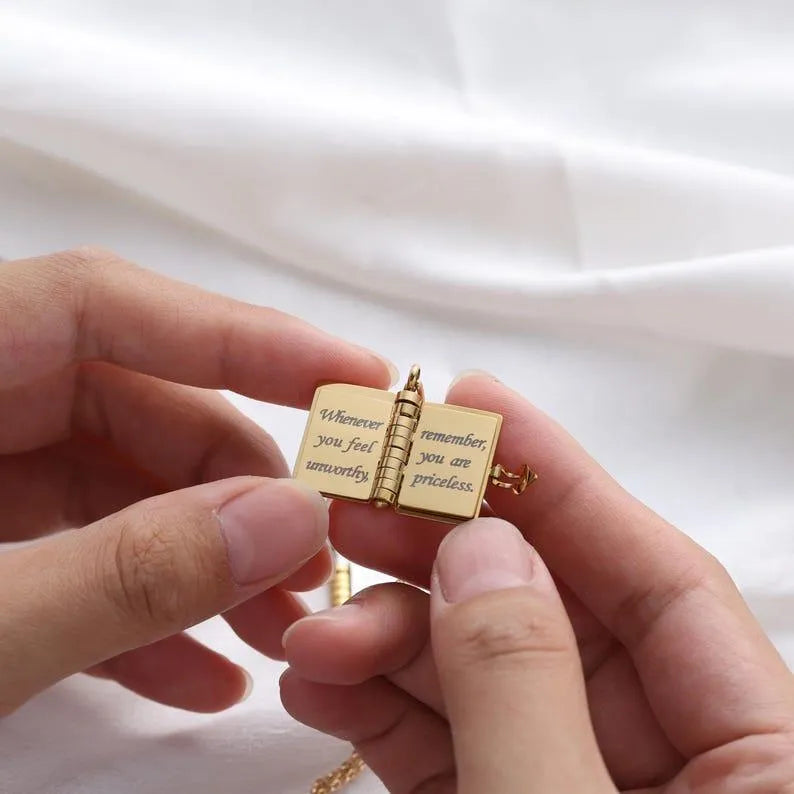 Personalized Text Book Necklace – Adjustable Pendant with Message Inside Meaningful Jewelry