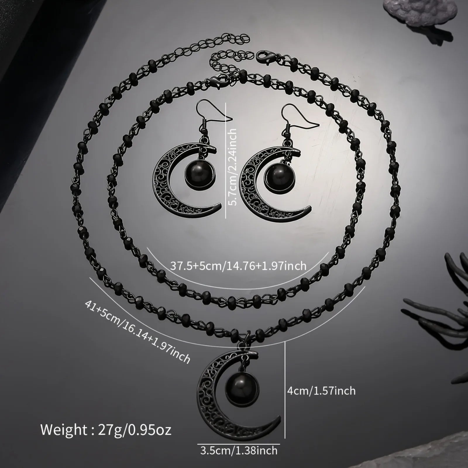 Gothic Punk 4Pcs Necklace Earrings Set Black Hollow Moon Pendant Beaded Design Unique Layered Necklace Perfect for Halloween