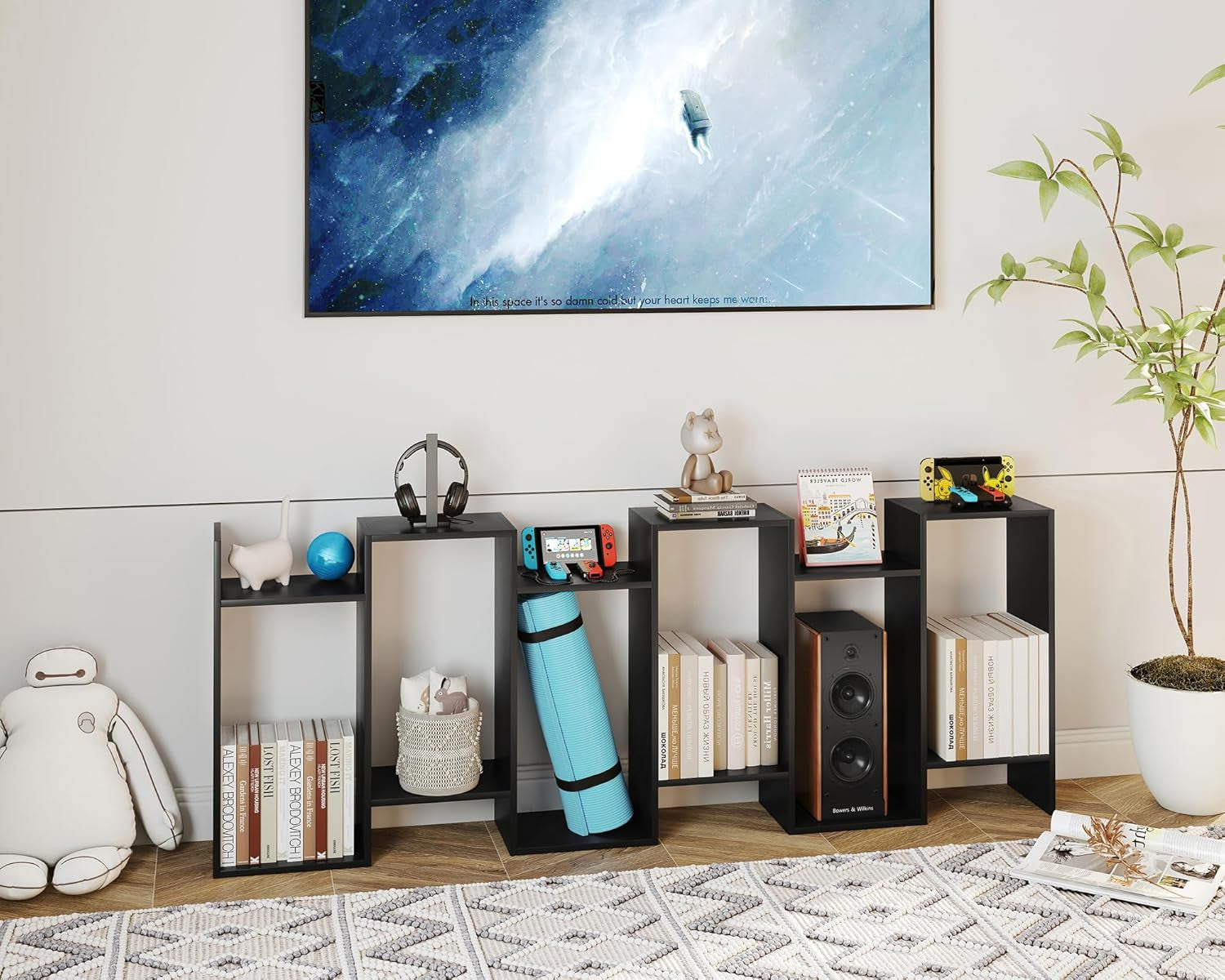 6-Tier Black S-Shaped Modern Geometric Bookshelf