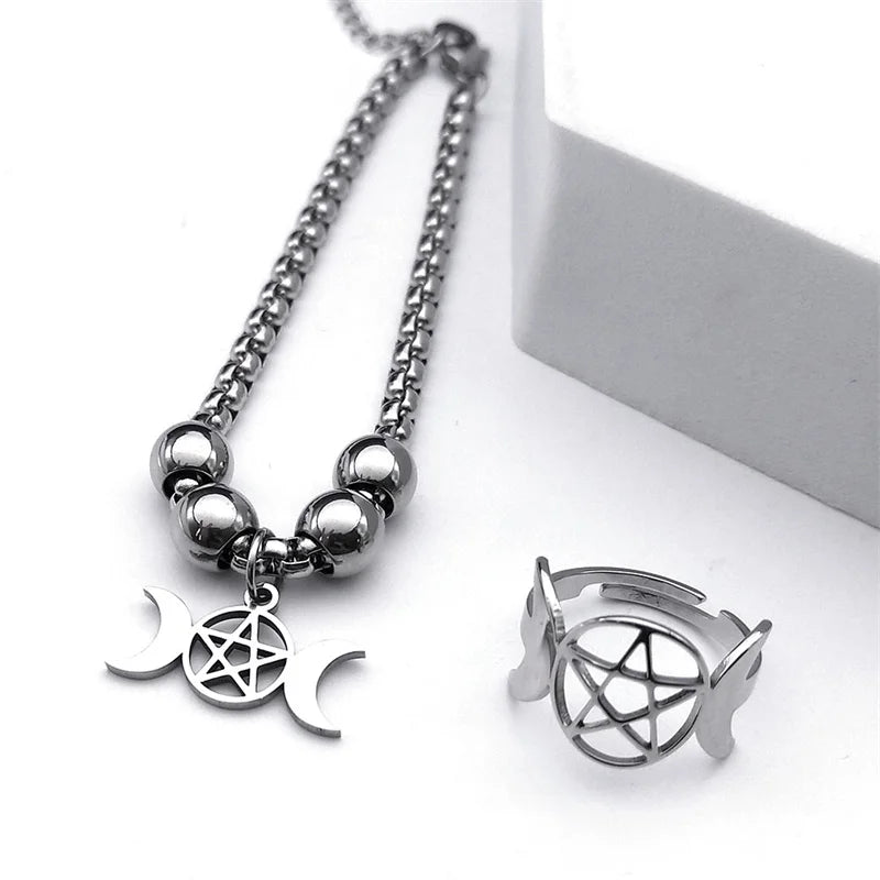 Stainless Steel Jewelry Set Triple Moon Goddess Pentagram Pentacle Necklace Women Men Ring Bracelet Earrings conjuntos de joyas