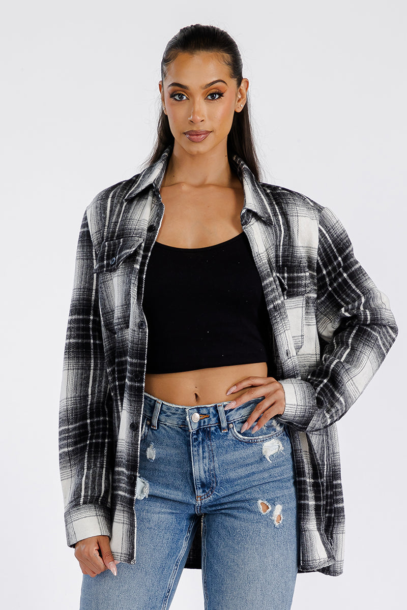 Womens Oversized Flannel Shacket FL504 With Button Closure Chest Pockets Brushed Soft Fabric Polyester Cotton