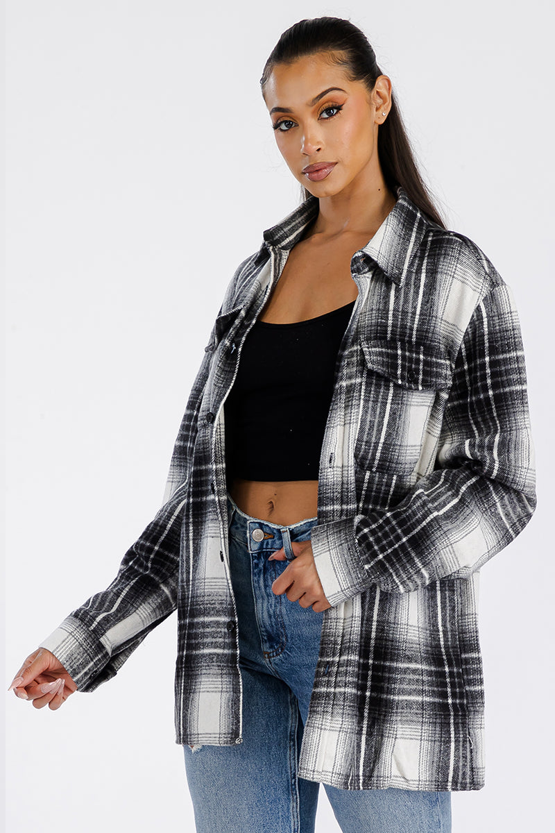 Womens Oversized Flannel Shacket FL504 With Button Closure Chest Pockets Brushed Soft Fabric Polyester Cotton