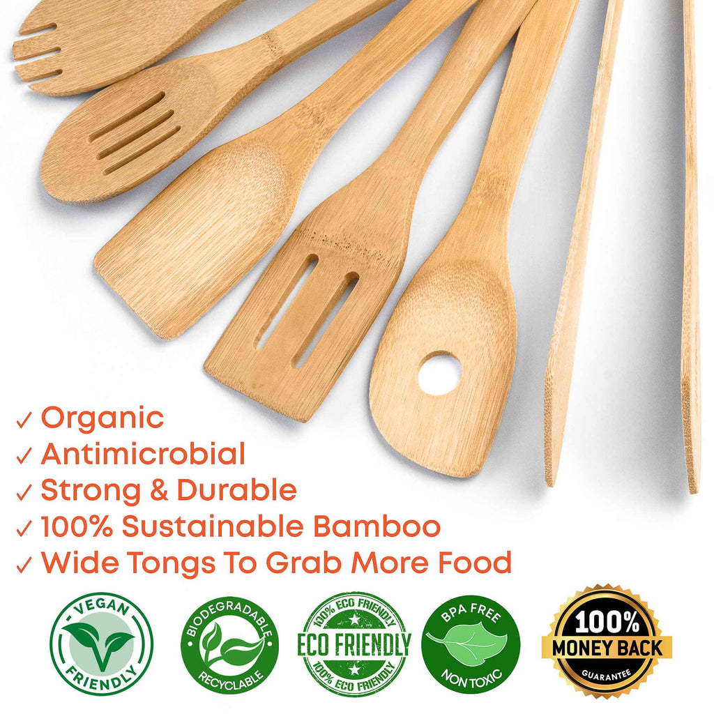 Bamboo Kitchen Utensils Set 8 Piece for Eco Conscious Home Cooks Mystic Sustainable Wooden Spatulas Spoons Tongs