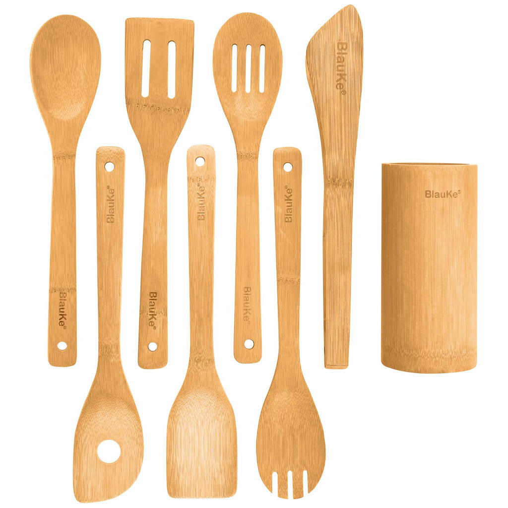 Bamboo Kitchen Utensils Set 8 Piece for Eco Conscious Home Cooks Mystic Sustainable Wooden Spatulas Spoons Tongs