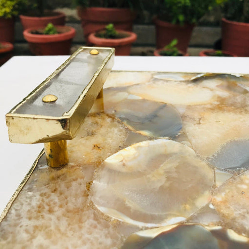 Brown Plated Agate Serving Tray With Clear Quartz Handles/Personalised