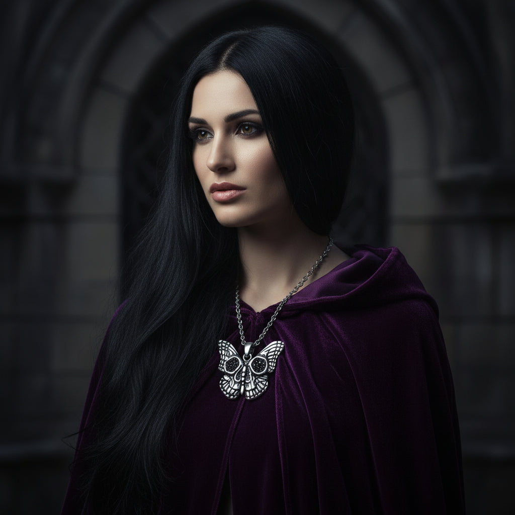 Butterfly pendant necklace with black gemstones on a white background