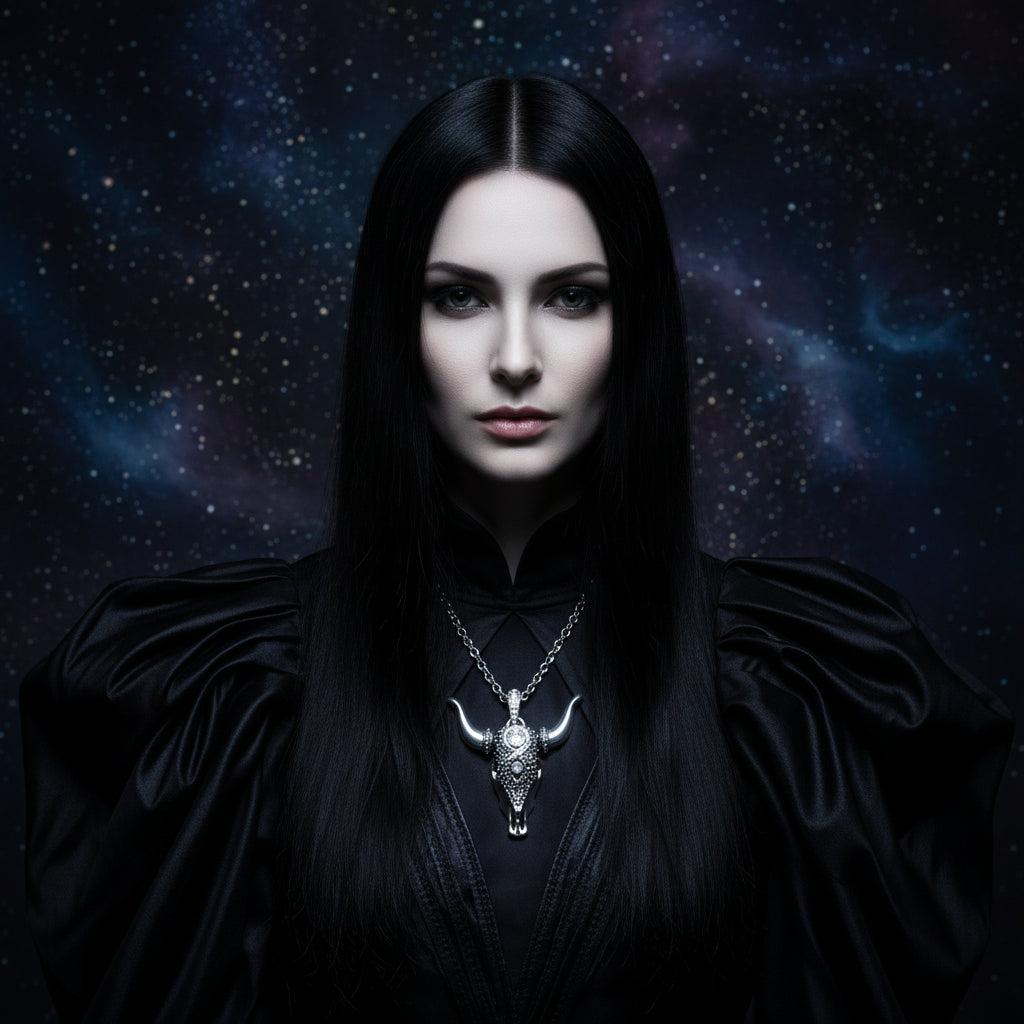 Silver bull head pendant necklace with gemstones on a white background